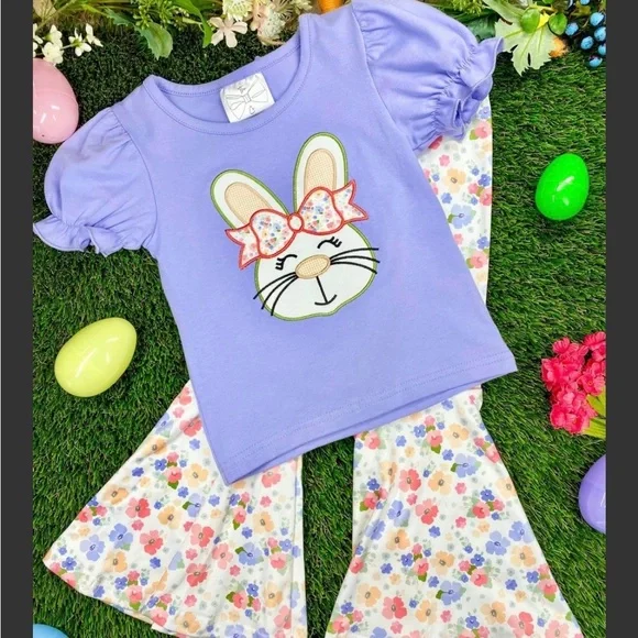 🐿️Little Girls-Purple Bunny Top & Floral Bell Bottom Set-New-Boutique-many sizes - Picture 2 of 5